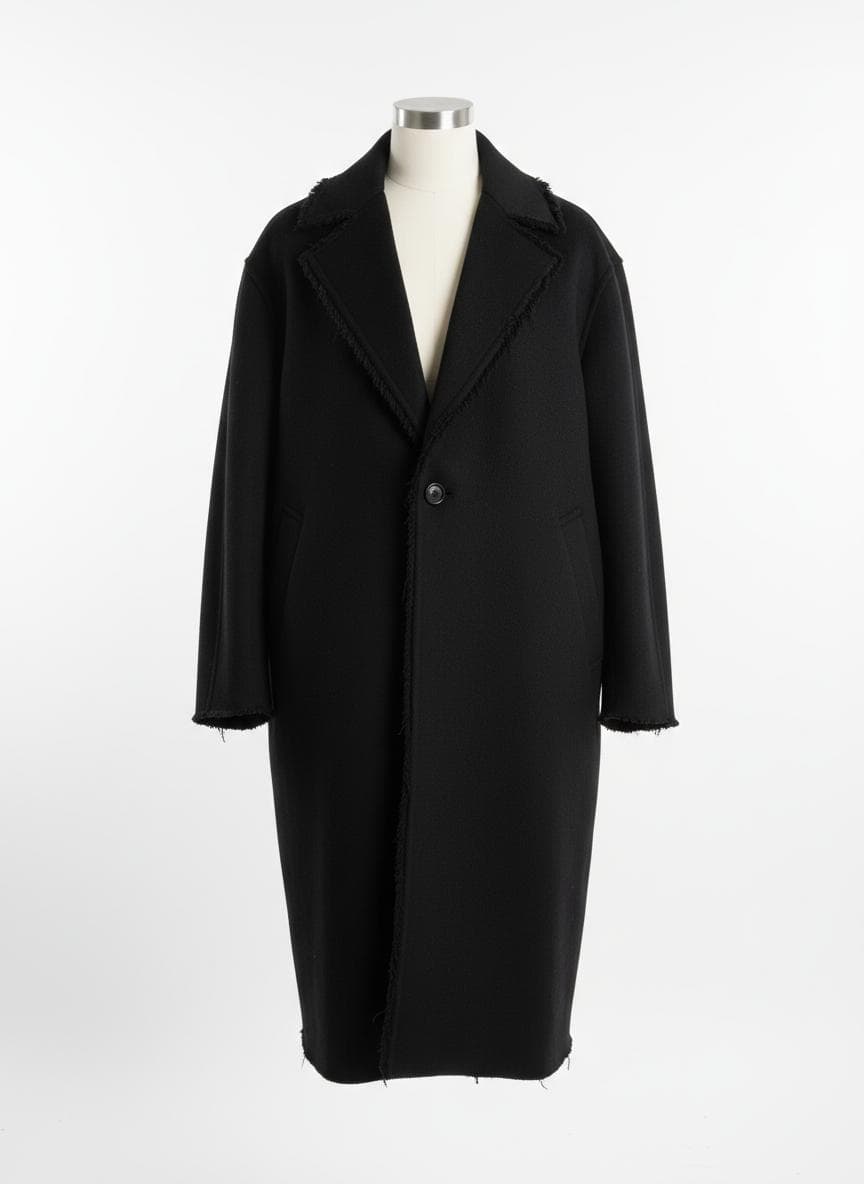 Raw-Edge Wool Overcoat in Pitch